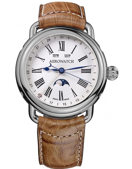 Aerowatch Aerowatch 75970 AA01  75970 AA01 механические мужские часы белый циферблат, браслет кожаный — вид спереди