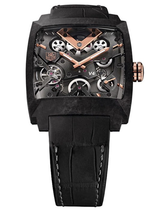 TAG Heuer TAG Heuer Monaco V4 Carbon WAW2041-FC6288  WAW2041.FC6288 механические мужские часы  циферблат, браслет кожаный — вид спереди