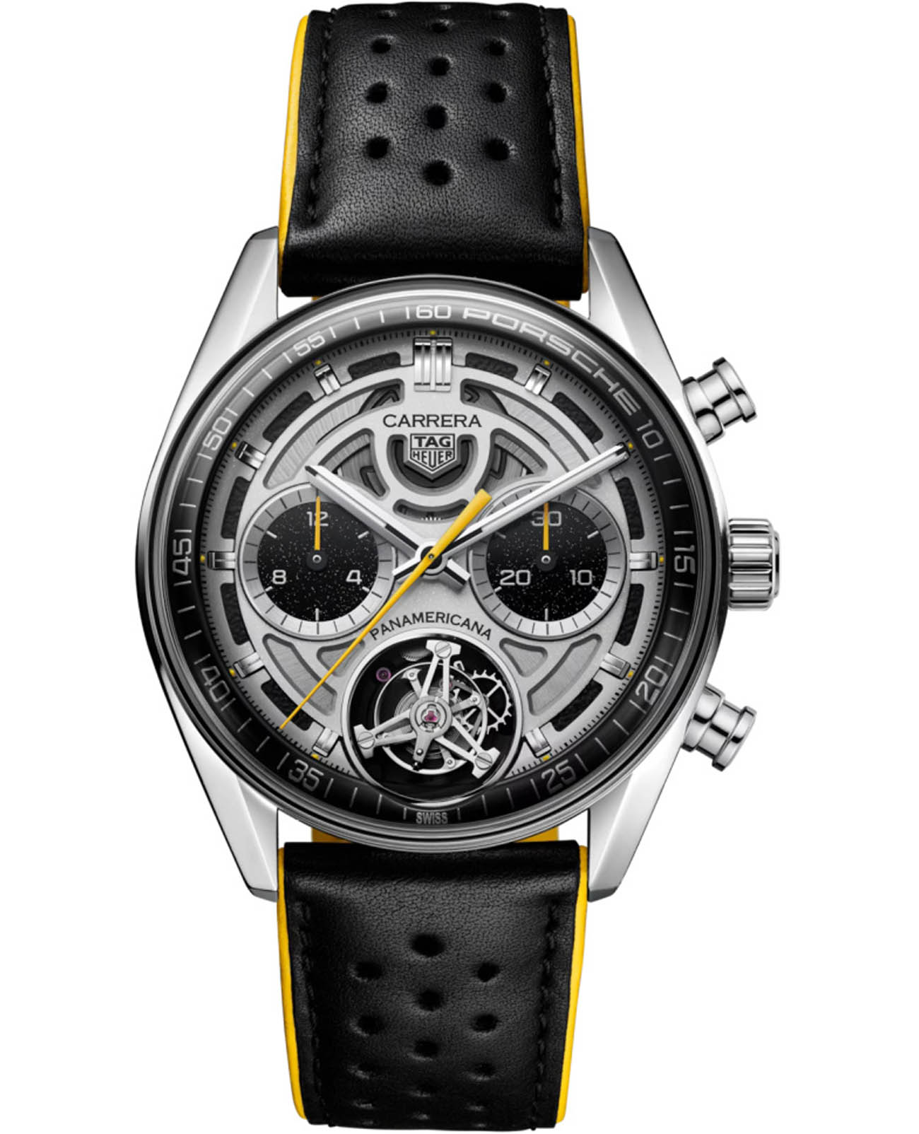 TAG Heuer TAG Heuer Carrera Chronograph Tourbillon x Porsche Panamericana CBS5012.FC6571  CBS5012.FC6571 механические мужские часы серебристый циферблат, браслет кожаный — вид спереди