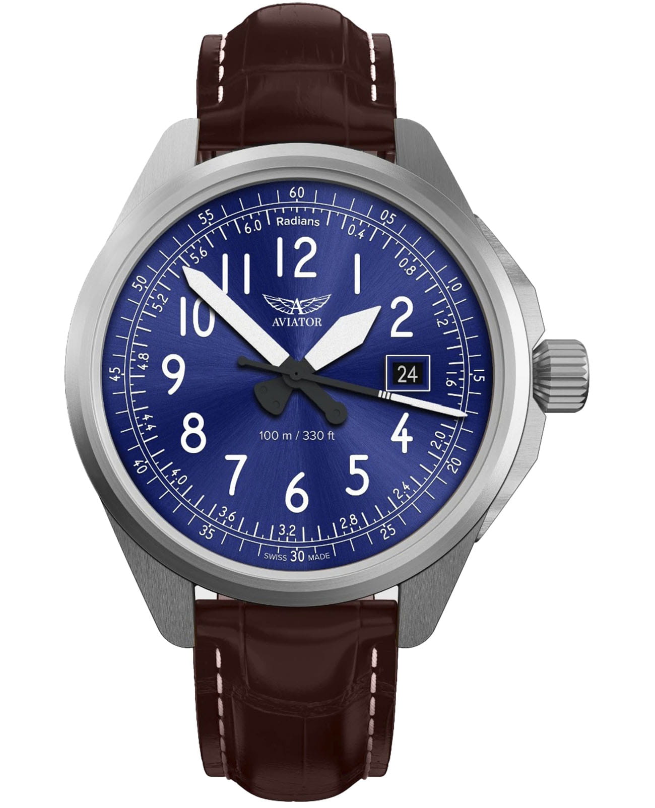 Aviator Aviator Airacobra 43 Type B V.1.38.0.325.4  V.1.38.0.325.4 кварцевые мужские часы синий циферблат, браслет кожаный — вид спереди