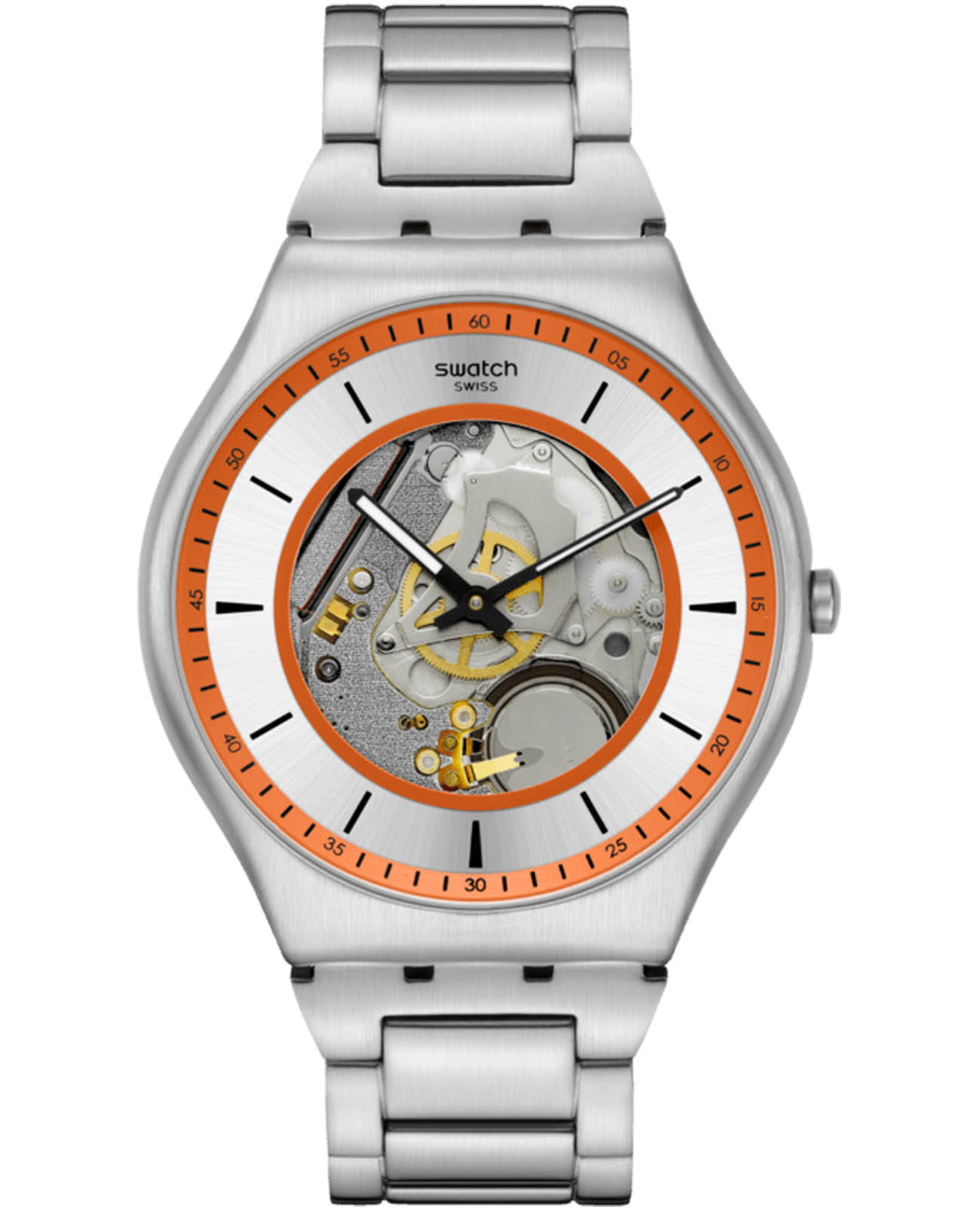 Swatch Swatch Skin Irony 42 SS07S144G  SS07S144G кварцевые женские часы оранжевый циферблат, браслет нержавеющая сталь — вид спереди