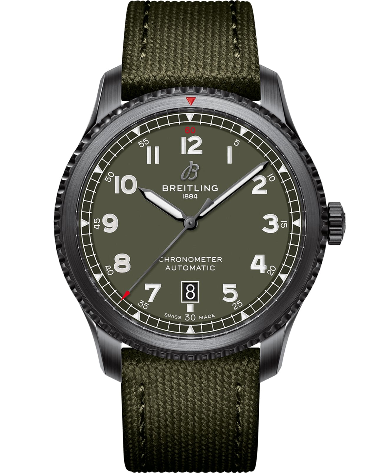 Breitling Breitling Aviator 8 Automatic 41 Black Steel Curtiss Warhawk M173152A1L1X1  M173152A1L1X1 механические мужские часы зеленый циферблат, браслет кожа + текстиль — вид спереди