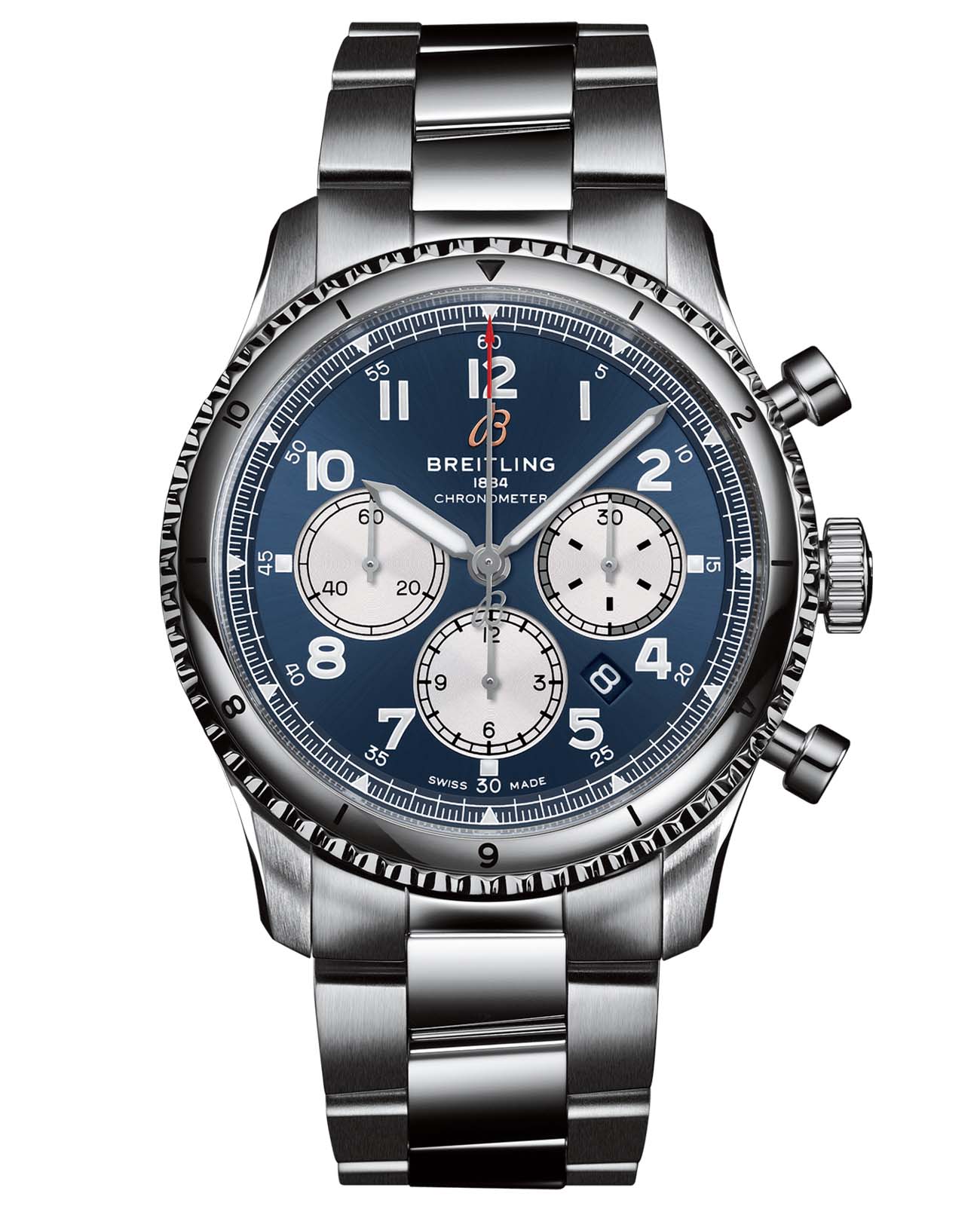 Breitling Breitling Aviator 8 B01 Chronograph 43 AB0119131C1A1  AB0119131C1A1 механические мужские часы синий циферблат, браслет нержавеющая сталь — вид спереди