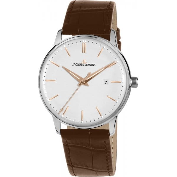Jacques Lemans Jacques Lemans N-213R  N-213R кварцевые мужские часы белый циферблат, браслет кожаный — вид спереди
