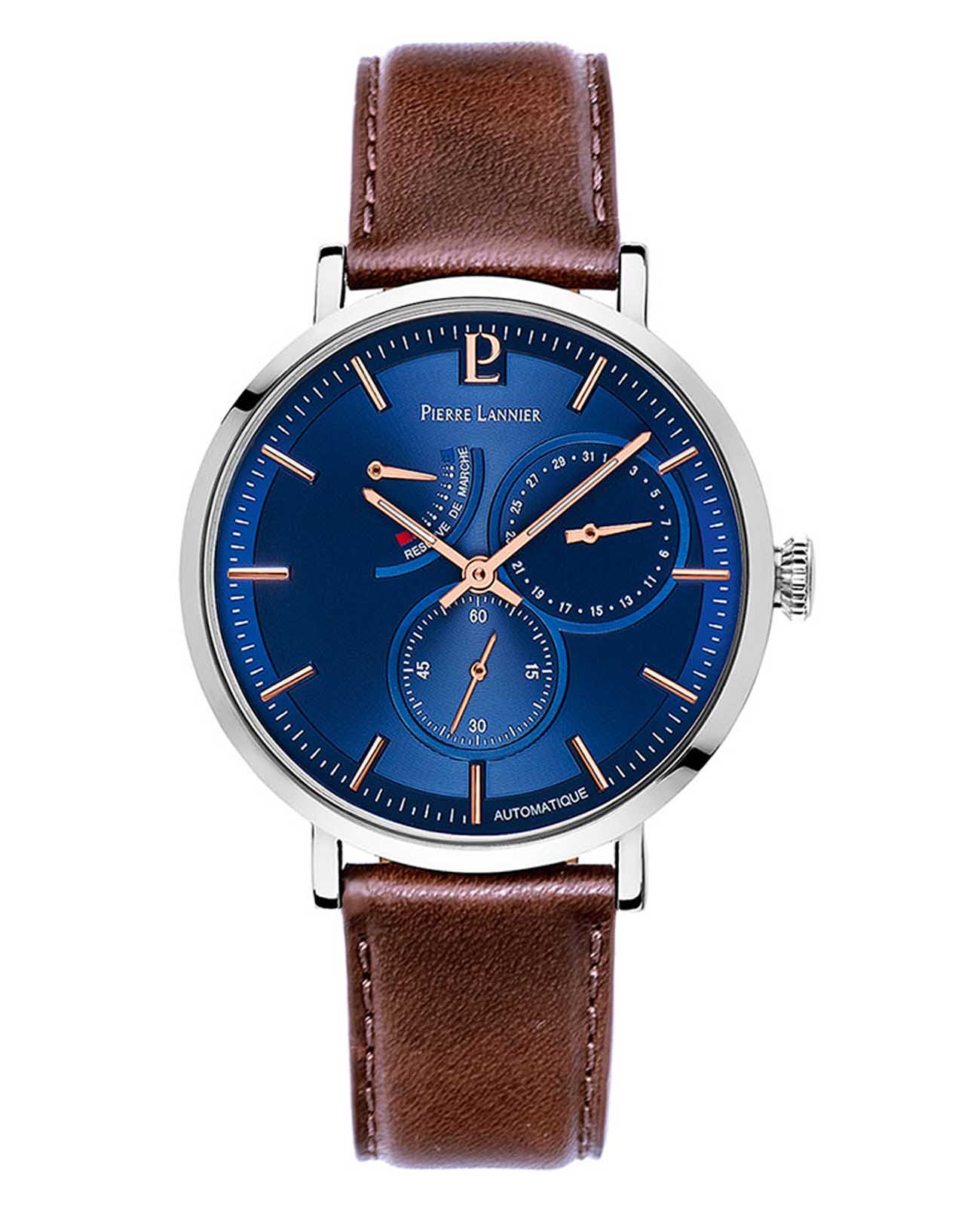 Pierre Lannier Pierre Lannier Evidence 327B164  327B164 механические мужские часы синий циферблат, браслет кожаный — вид спереди