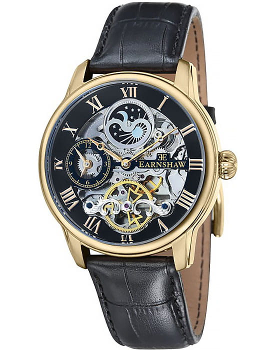 Earnshaw Earnshaw Longitude ES-8006-05  ES-8006-05 механические мужские часы черный циферблат, браслет кожаный — вид спереди