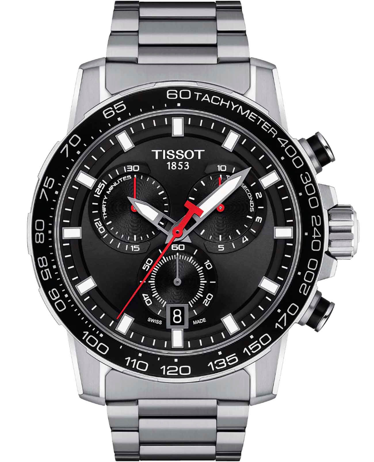 Tissot Tissot SuperSport Chrono T125.617.11.051.00 SuperSport Chrono T1256171105100 кварцевые мужские часы черный циферблат, браслет нержавеющая сталь — вид спереди
