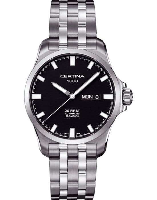 Certina Certina C014.407.11.051.00 DS First C0144071105100 механические мужские часы черный циферблат, браслет кожаный — вид спереди
