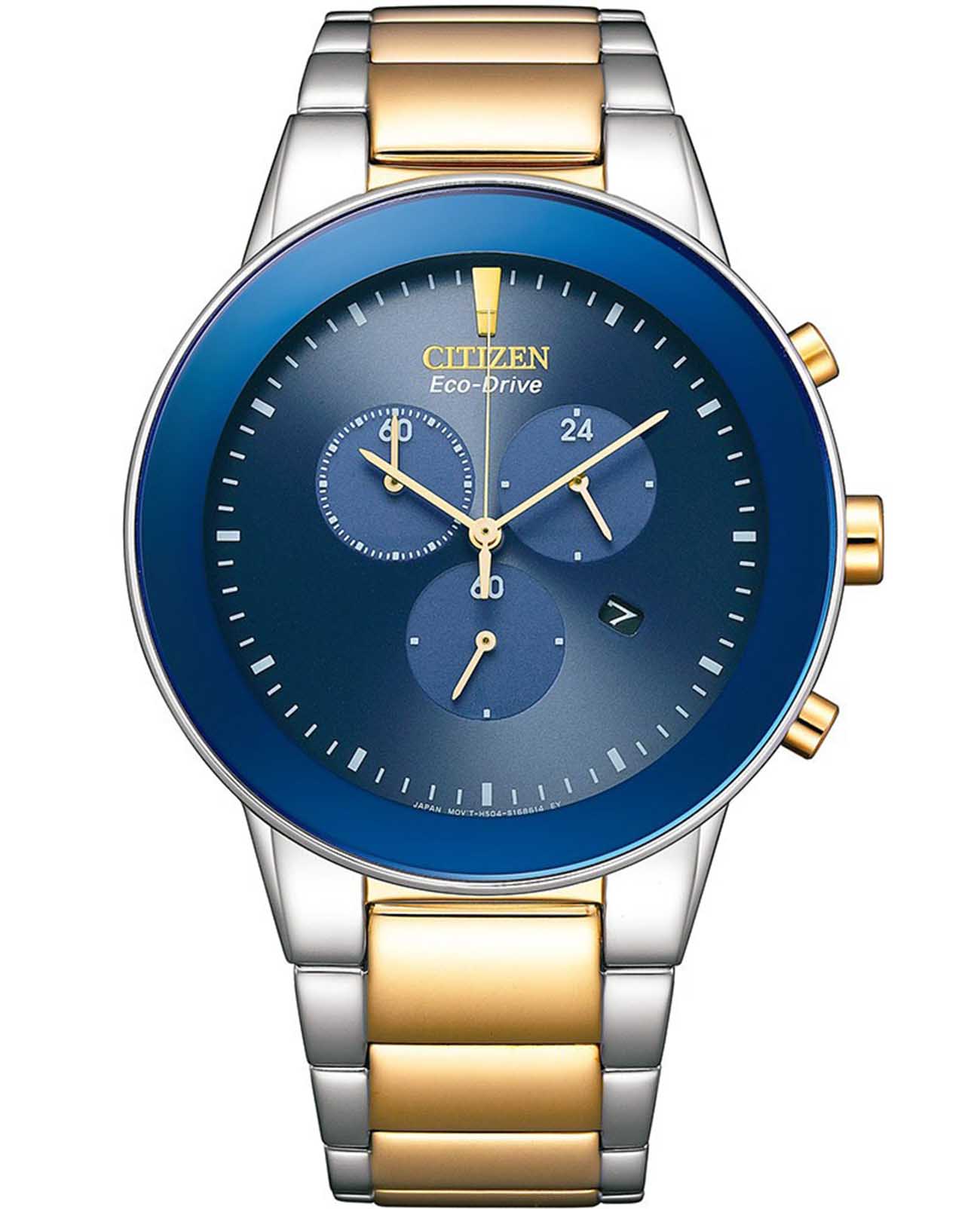 Citizen Citizen Eco-Drive AT2244-84L  AT2244-84L кварцевые мужские часы синий циферблат, браслет нержавеющая сталь с ip-покрытием — вид спереди