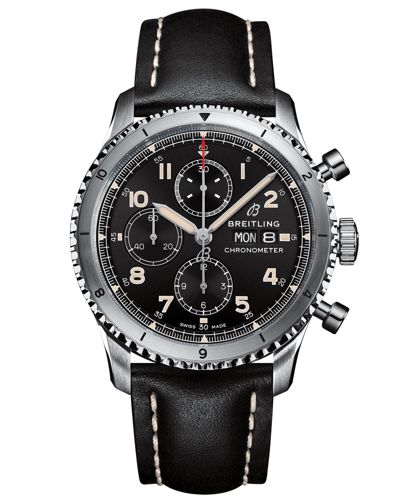 Breitling Breitling Aviator 8 Chronograph 43 A13316101B1X1  A13316101B1X1 механические мужские часы черный циферблат, браслет кожаный — вид спереди