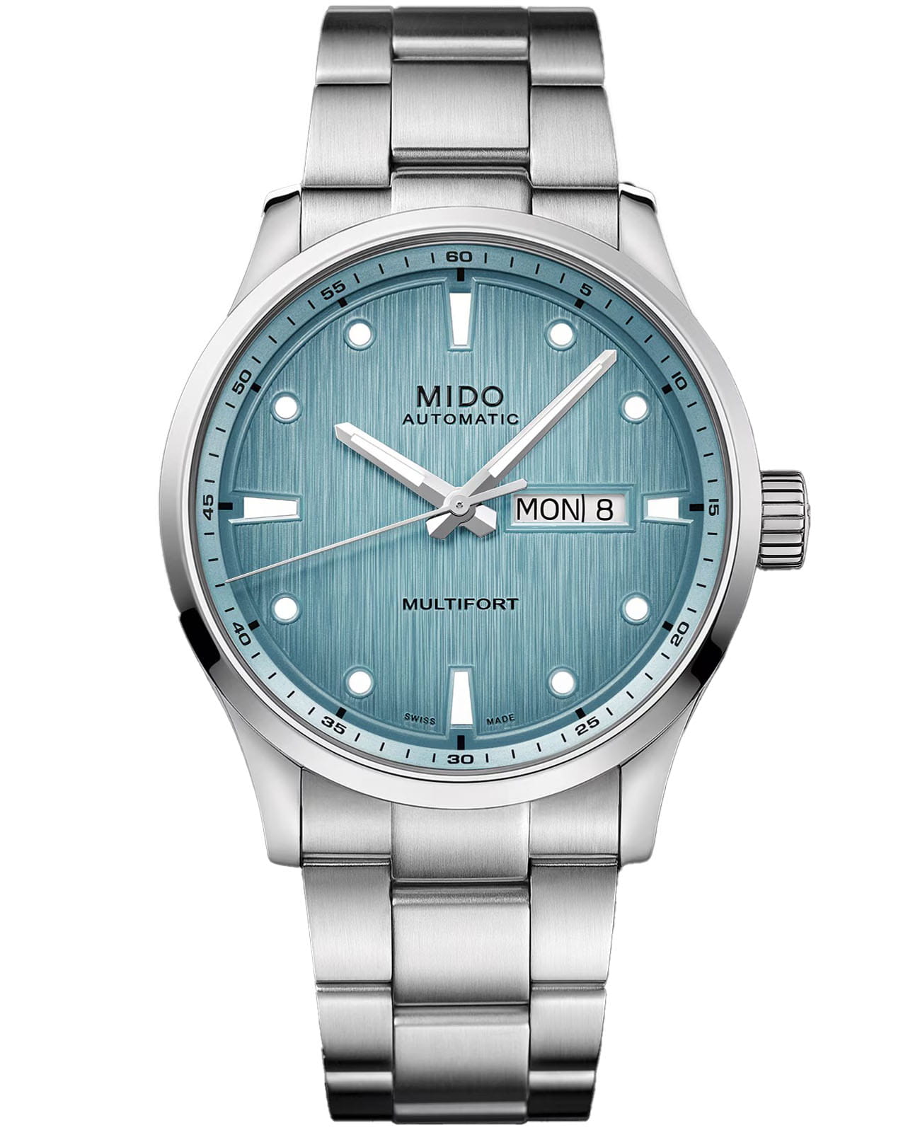 Mido Mido Multifort M Freeze M038.430.11.041.00  M0384301104100 механические мужские часы голубой циферблат, браслет нержавеющая сталь — вид спереди