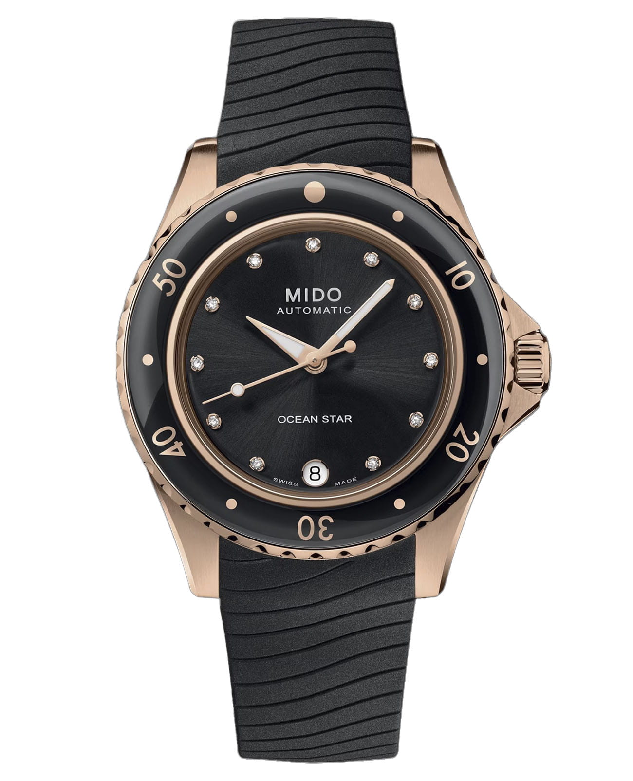 Mido Mido Ocean Star 36.5 M026.207.37.056.00  M0262073705600 механические женские часы черный циферблат, браслет каучук — вид спереди