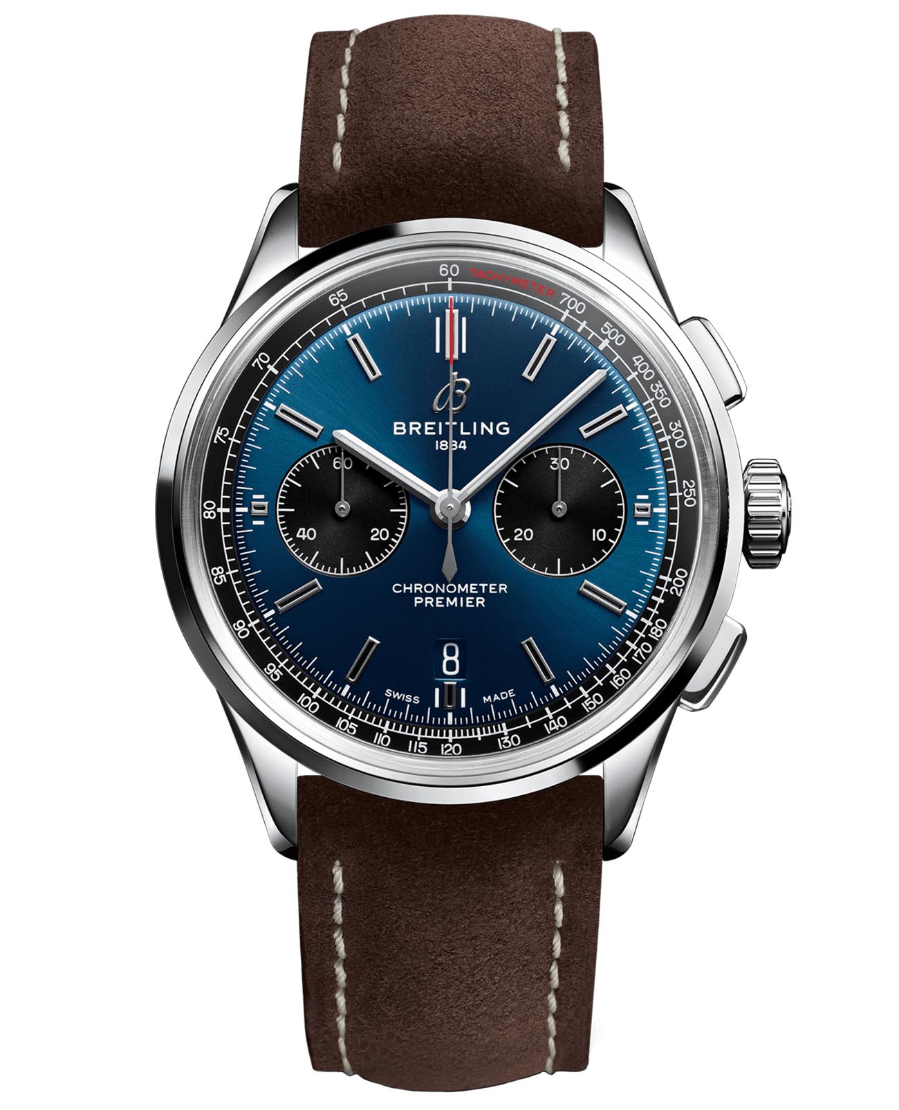 Breitling Breitling Premier B01 Chronograph 42 AB0118221C1X1  AB0118221C1X1 механические мужские часы синий циферблат, браслет кожаный — вид спереди