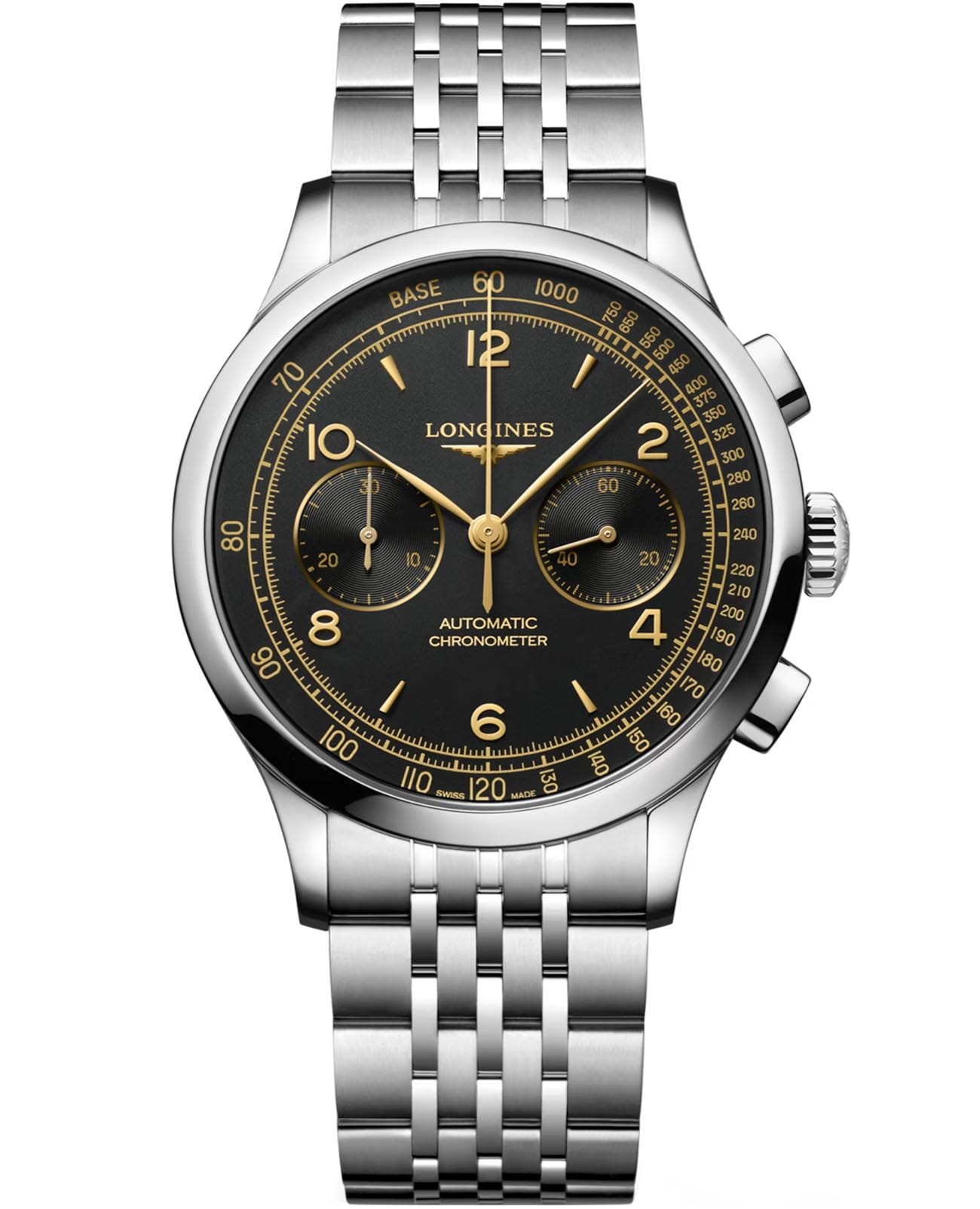 Longines Longines Record Collection L2.921.4.56.6  L29214566 механические мужские часы черный циферблат, браслет нержавеющая сталь — вид спереди