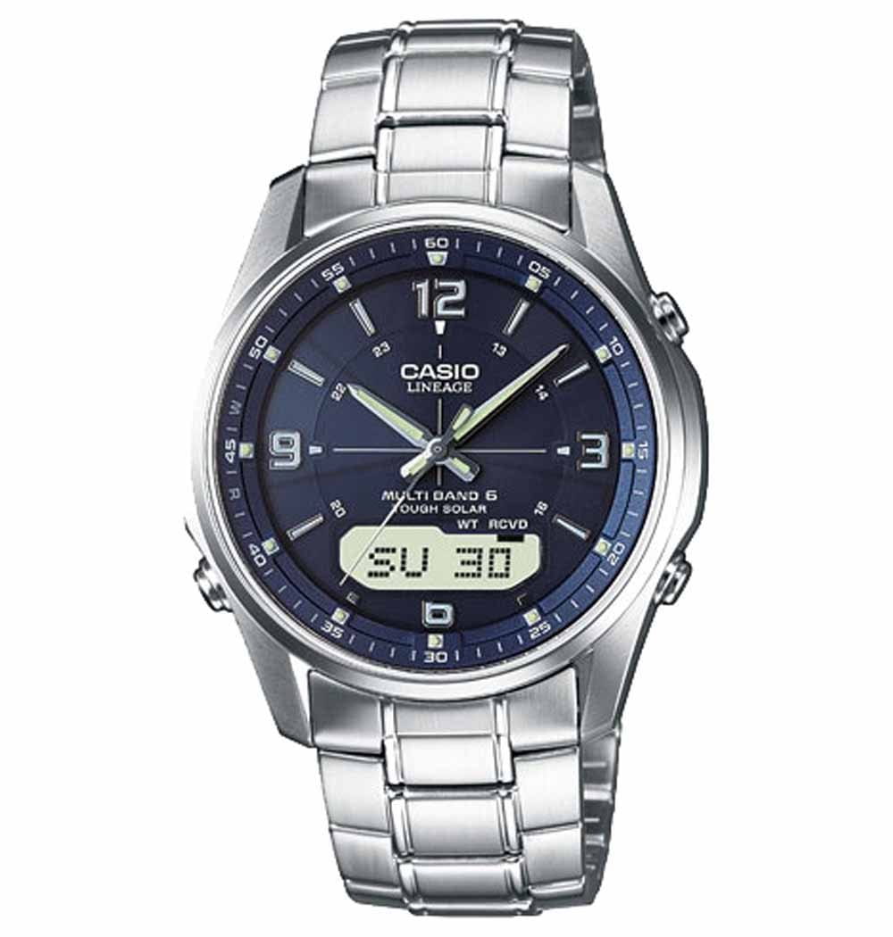 Casio CASIO WAVE CEPTOR LCW-M100DSE-2A  LCW-M100DSE-2A кварцевые мужские часы синий циферблат, браслет нержавеющая сталь — вид спереди