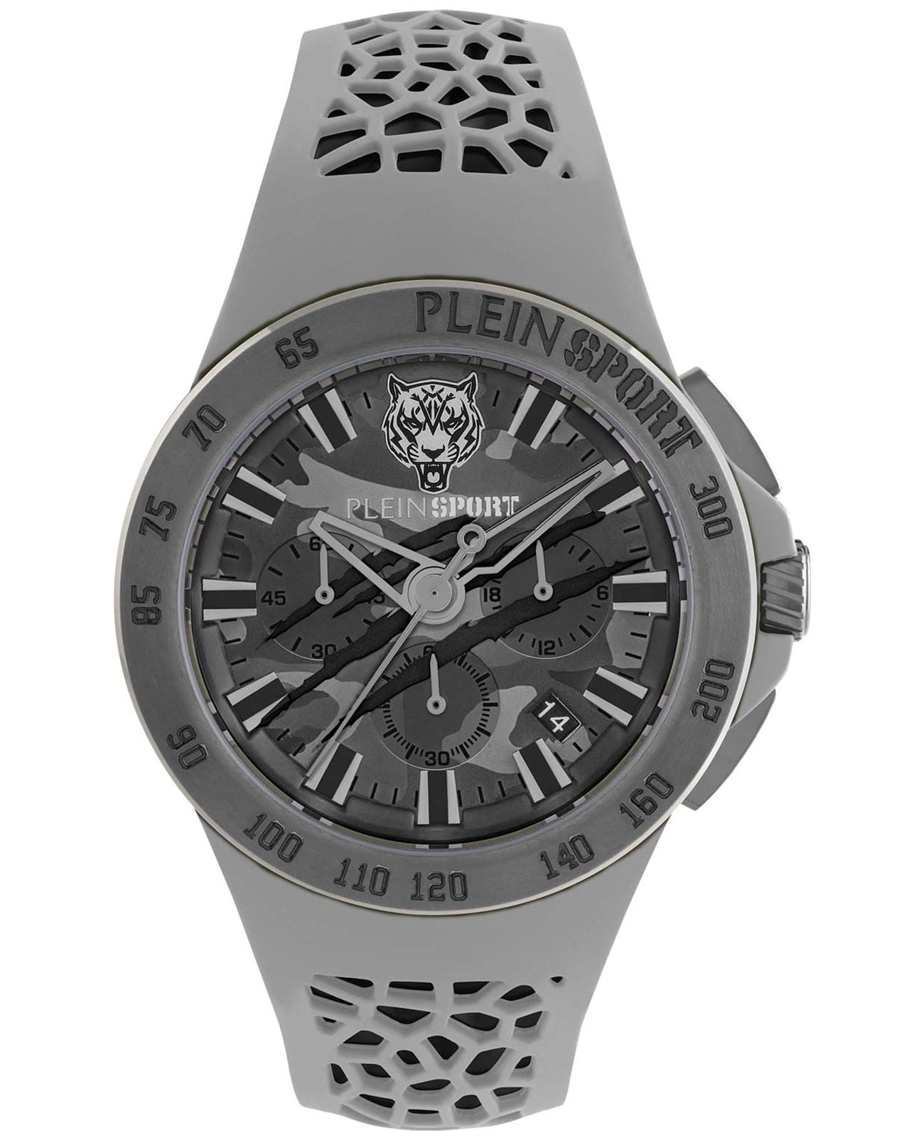 Plein Sport Plein Sport Thunderstorn Chrono PSABA0523  PSABA0523 кварцевые мужские часы серый циферблат, браслет силикон — вид спереди