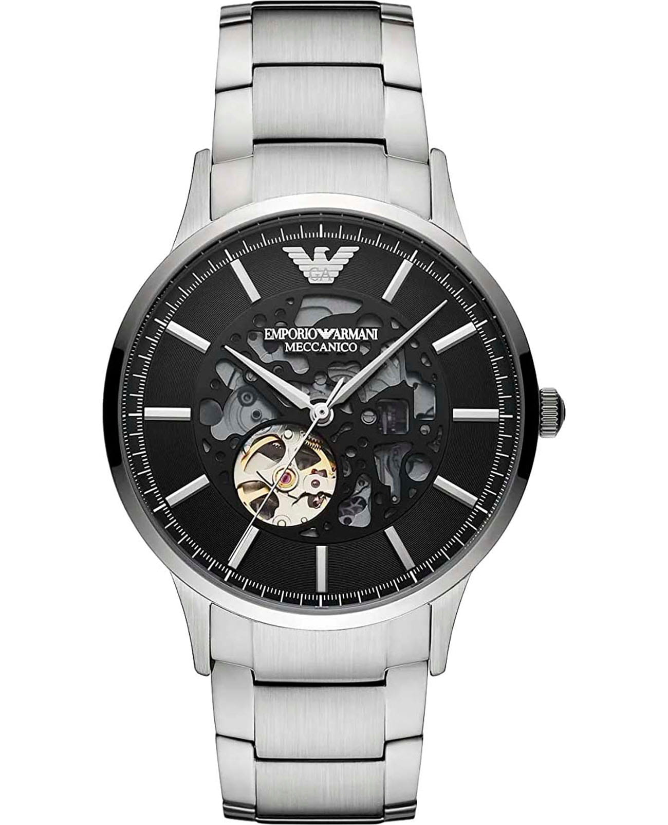 Emporio Armani Emporio Armani Renato AR60055  AR60055 механические мужские часы черный циферблат, браслет нержавеющая сталь — вид спереди