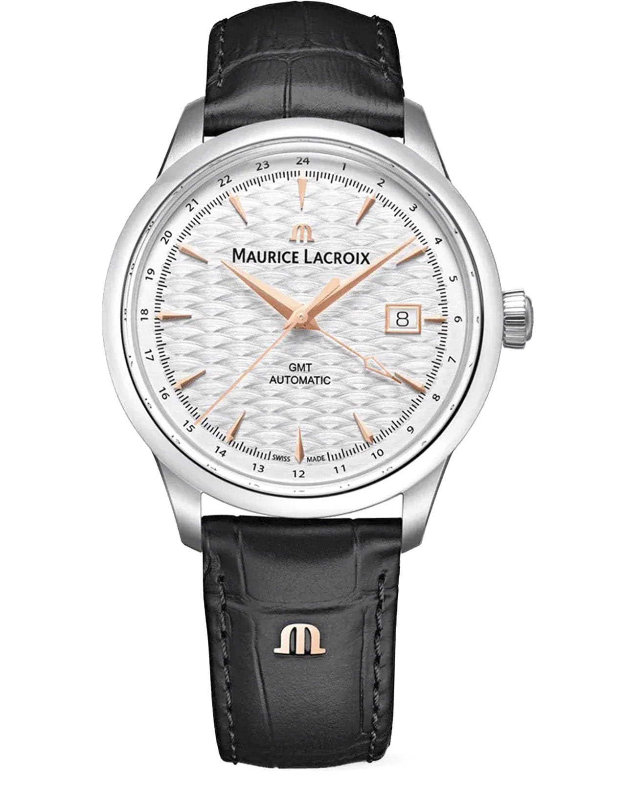 Maurice Lacroix Maurice Lacroix 1975 Automatic Vagues Du Jura GMT 756048-SS001-130-2  756048-SS001-130-2 механические мужские часы белый циферблат, браслет кожаный — вид спереди