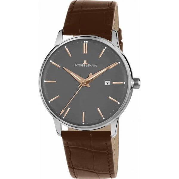 Jacques Lemans Jacques Lemans N-213S  N-213S кварцевые мужские часы серый циферблат, браслет кожаный — вид спереди
