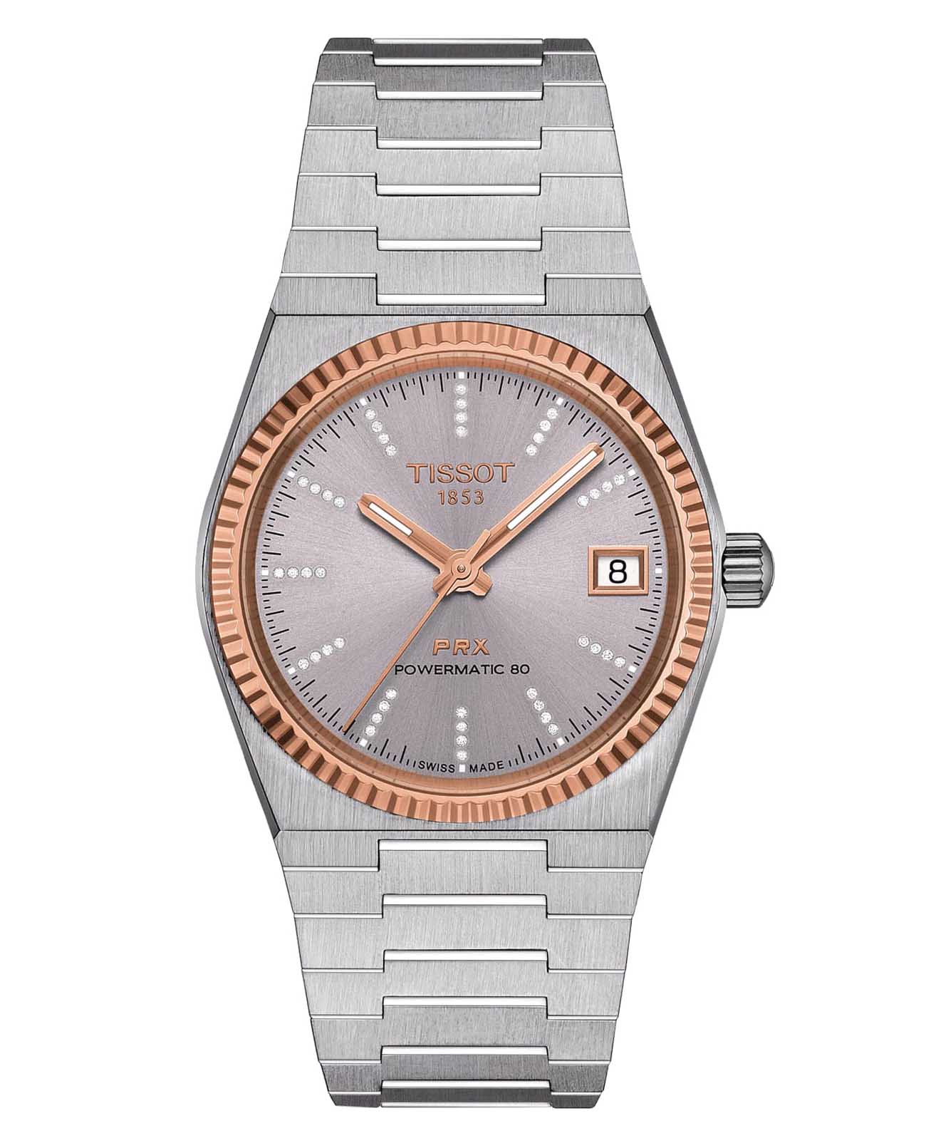 Tissot Tissot PRX Powermatic 80 18K T931.207.41.336.00  T9312074133600 механические мужские часы серебристый циферблат, браслет нержавеющая сталь — вид спереди