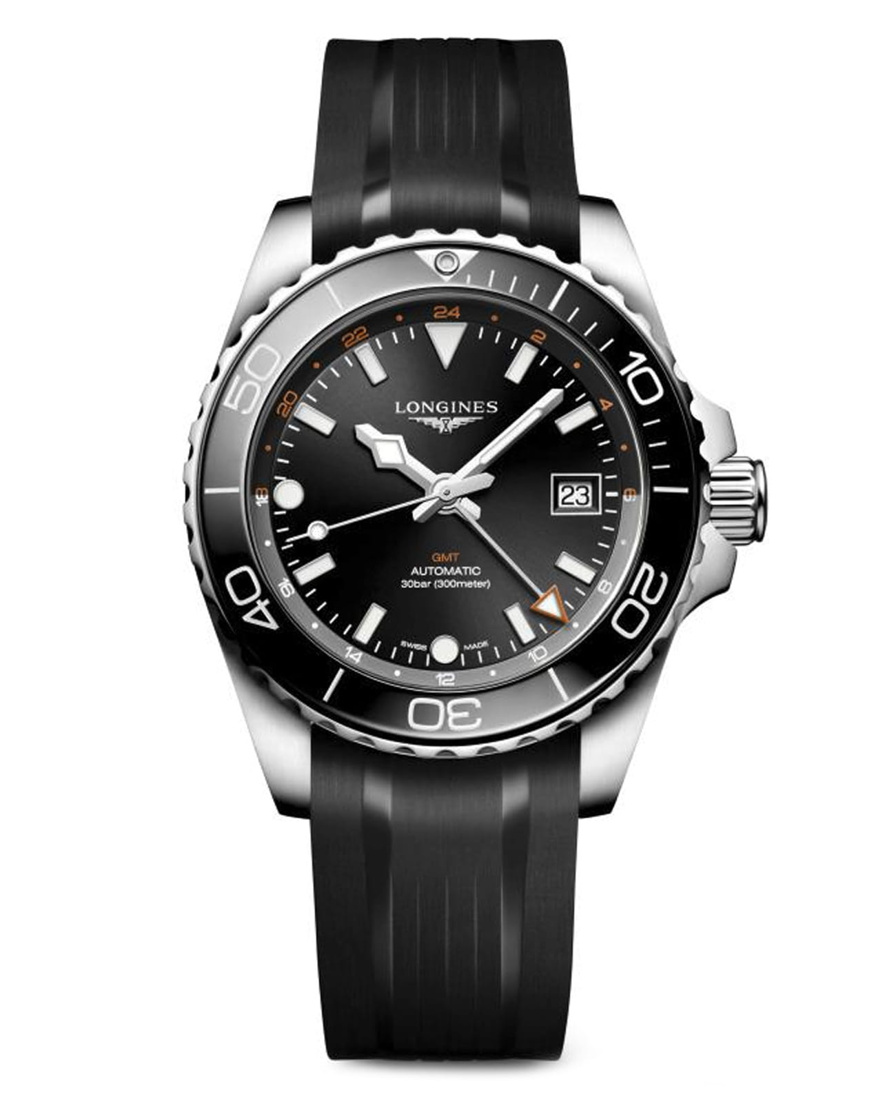 Longines Longines HydroConquest L3.790.4.56.9  L37904569 механические мужские часы черный циферблат, браслет каучук — вид спереди