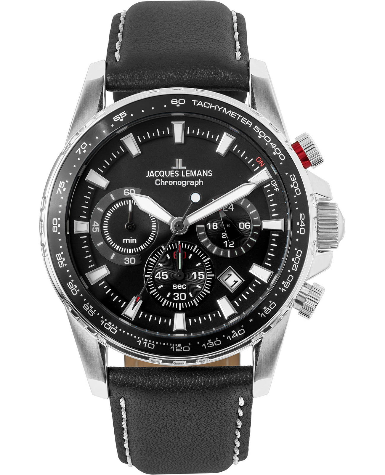 Jacques Lemans Jacques Lemans  Sport 1-2099A  1-2099A кварцевые мужские часы черный циферблат, браслет кожаный — вид спереди