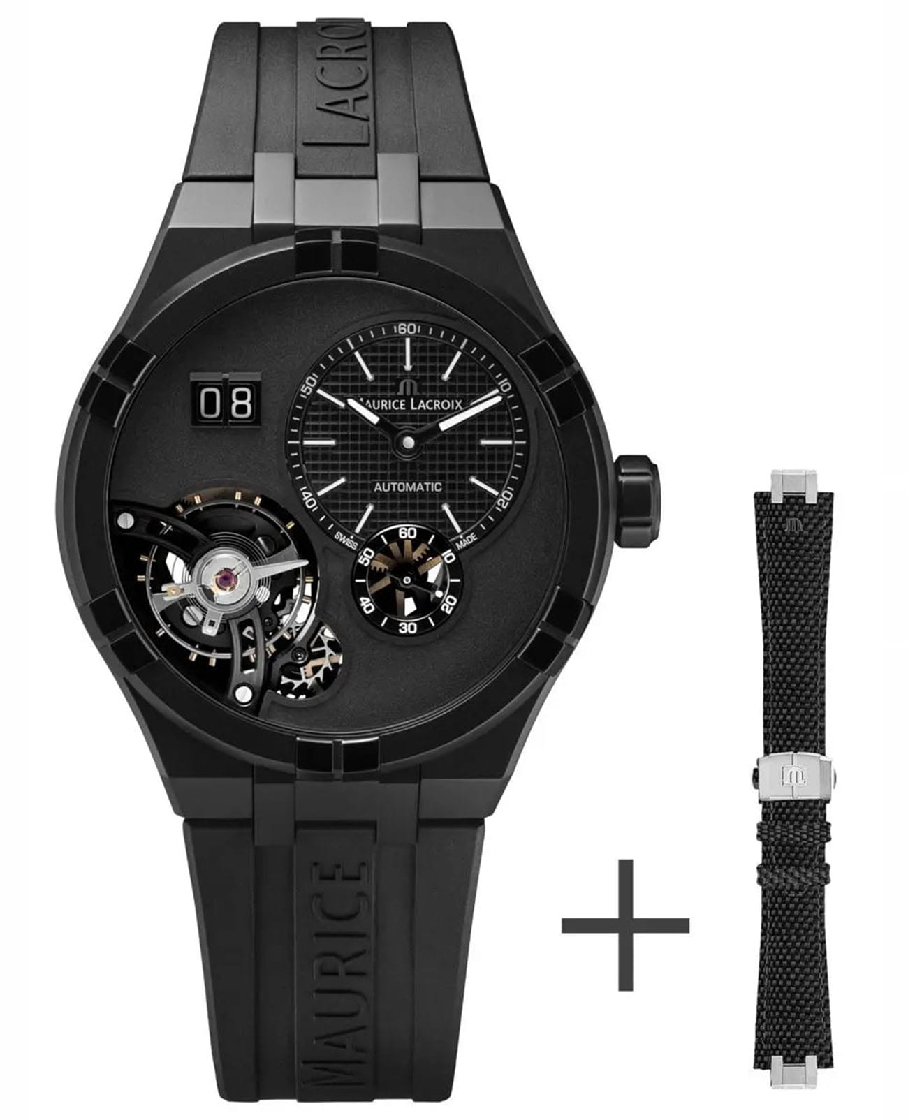 Maurice Lacroix Maurice Lacroix Aikon Master Grand Date Black AI6118-DLB0B-330-2  AI6118-DLB0B-330-2 механические мужские часы черный циферблат, браслет каучук — вид спереди