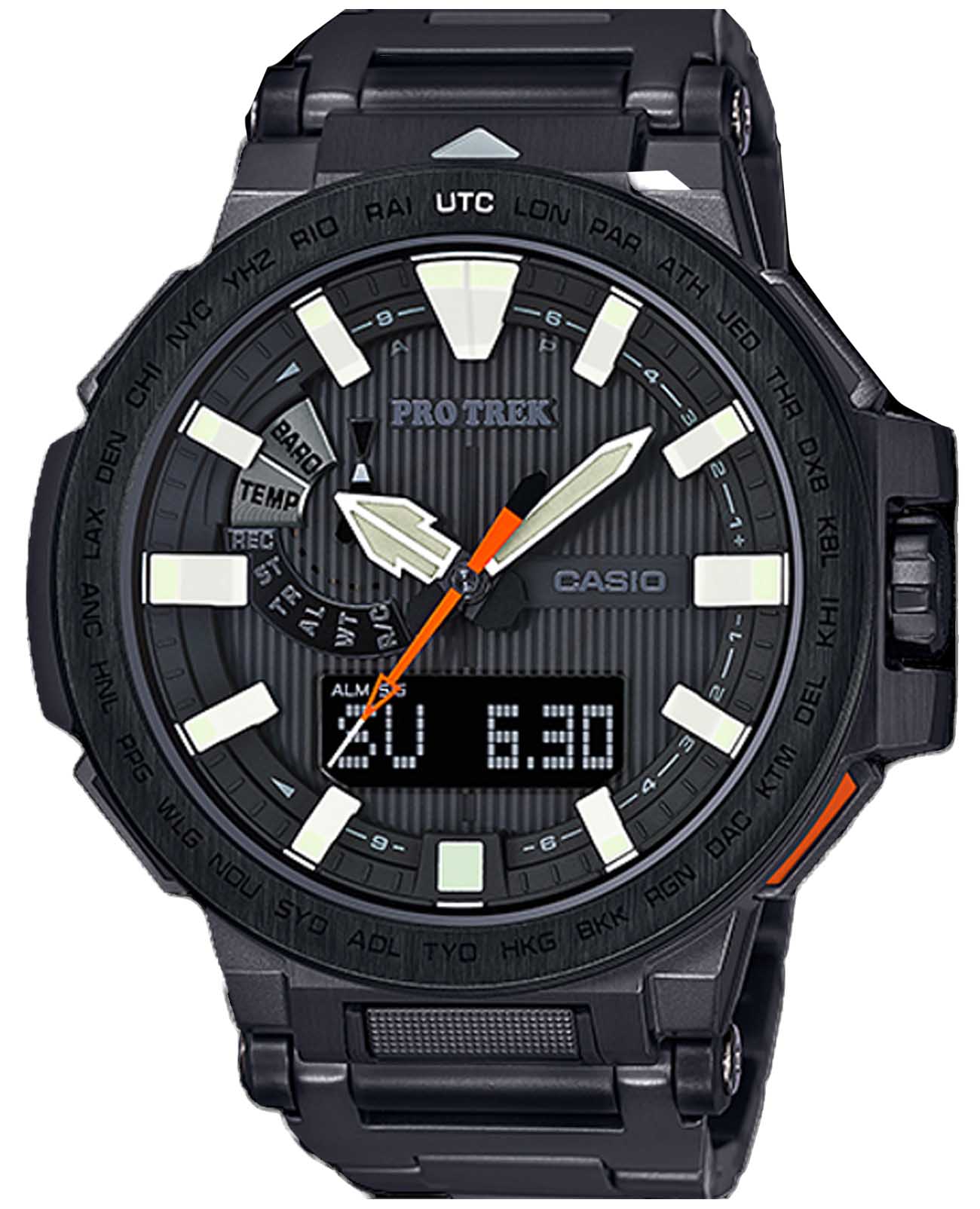 Casio Casio Pro Trek PRX-8000YT-1JF  PRX-8000YT-1JF кварцевые мужские часы черный циферблат, браслет титановый — вид спереди