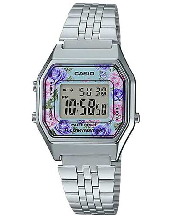 Casio Casio Vintage LA680WA-2CDF (LA680WA-2C)  LA680WA-2C кварцевые женские часы цветной циферблат, браслет нержавеющая сталь — вид спереди