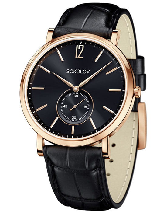 Sokolov 209.01.00.000.05.01.3  209.01.00.000.05.01.3 кварцевые мужские часы черный циферблат, браслет кожаный — вид спереди