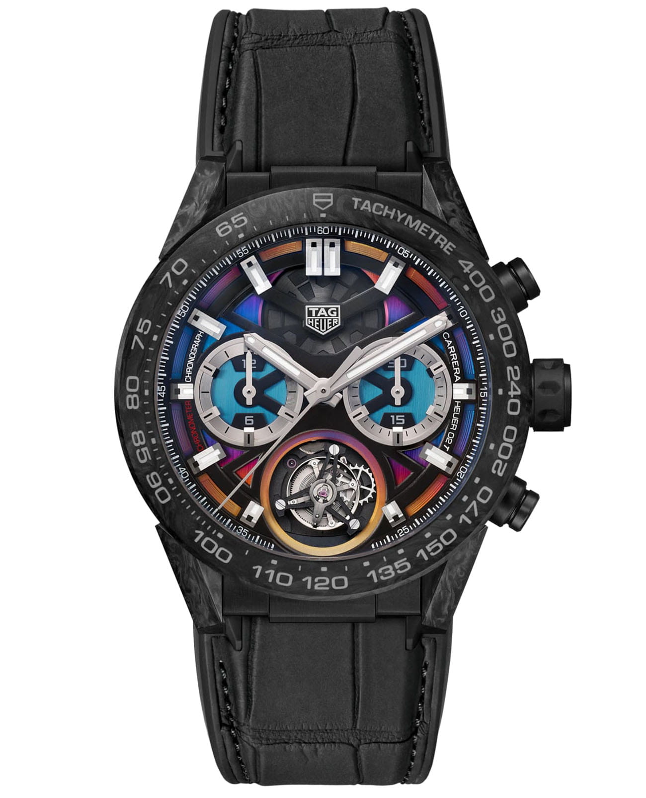 TAG Heuer Tag Heuer Carrera Polychrome CAR5A8AF.FC6415  CAR5A8AF.FC6415 механические мужские часы цветной циферблат, браслет кожаный — вид спереди