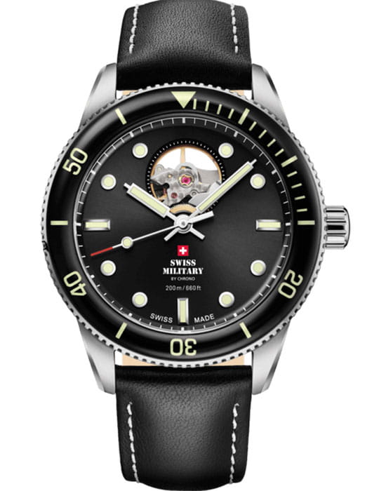 Swiss Military by Chrono Swiss Military Automatic Dive SMA34106.15  SMA34106.15 механические мужские часы черный циферблат, браслет кожаный — вид спереди