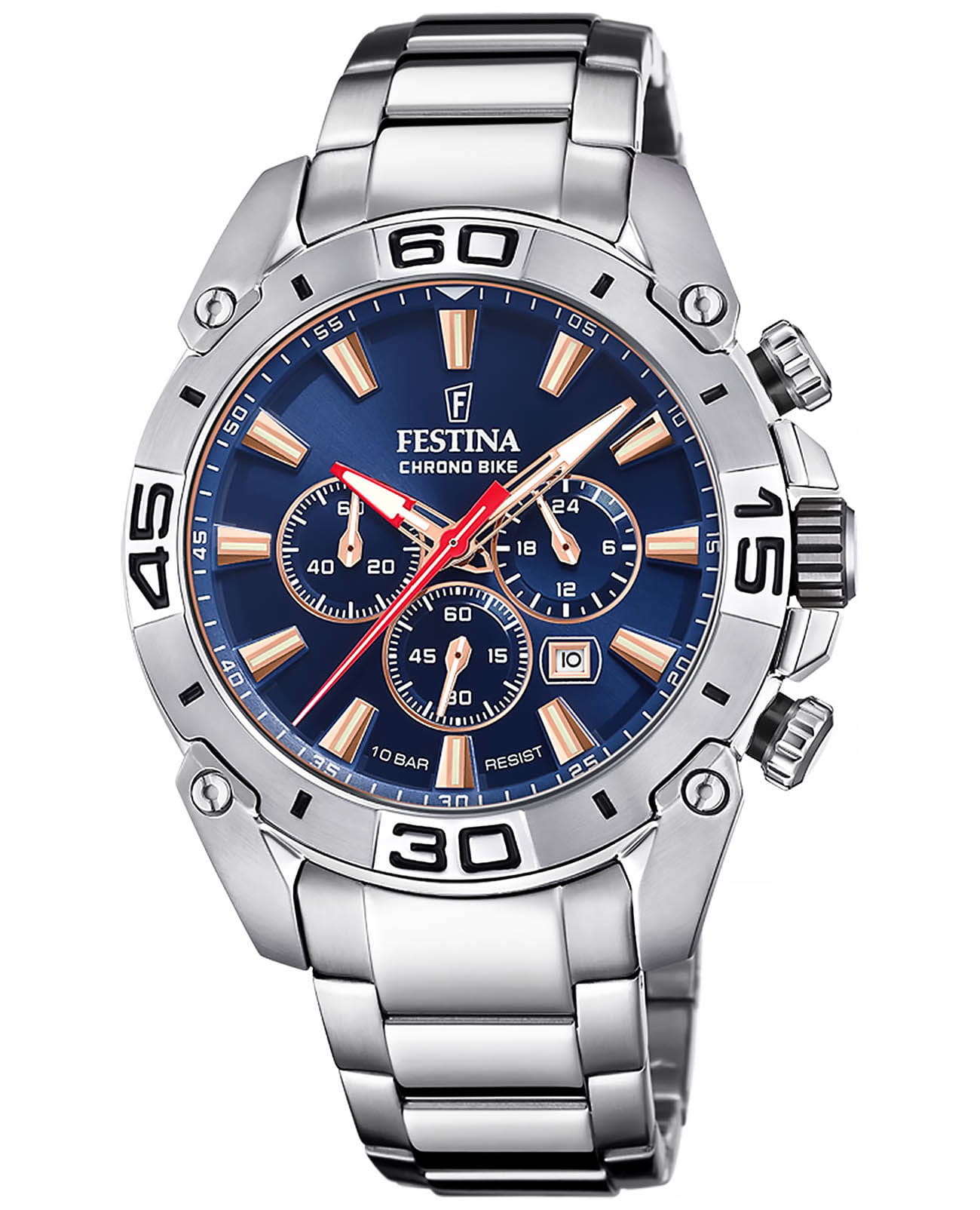 Festina Festina Chrono Bike F20543/4  F20543/4 кварцевые мужские часы синий циферблат, браслет нержавеющая сталь — вид спереди