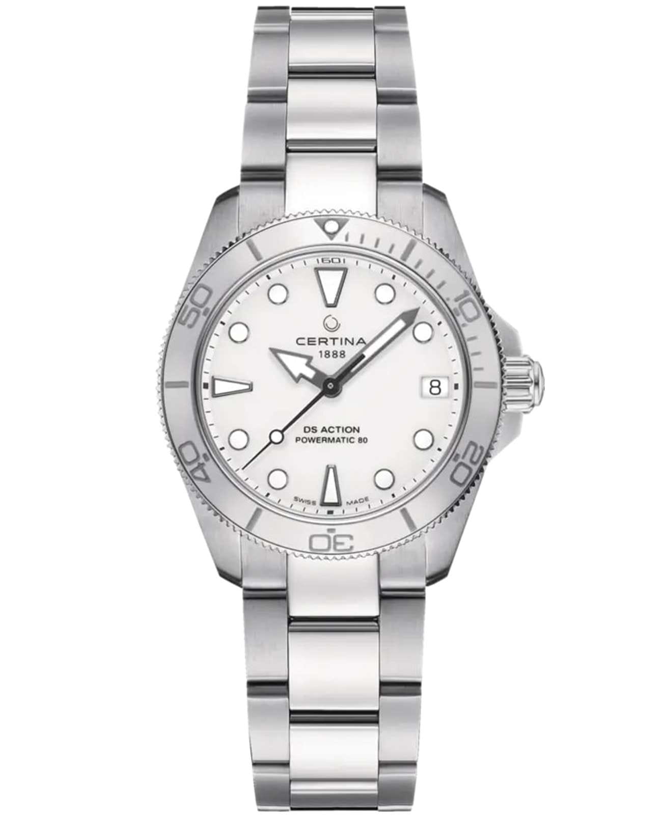 Certina Certina DS Action Lady C032.007.11.011.00  C0320071101100 механические женские часы серебристый циферблат, браслет нержавеющая сталь 316l — вид спереди