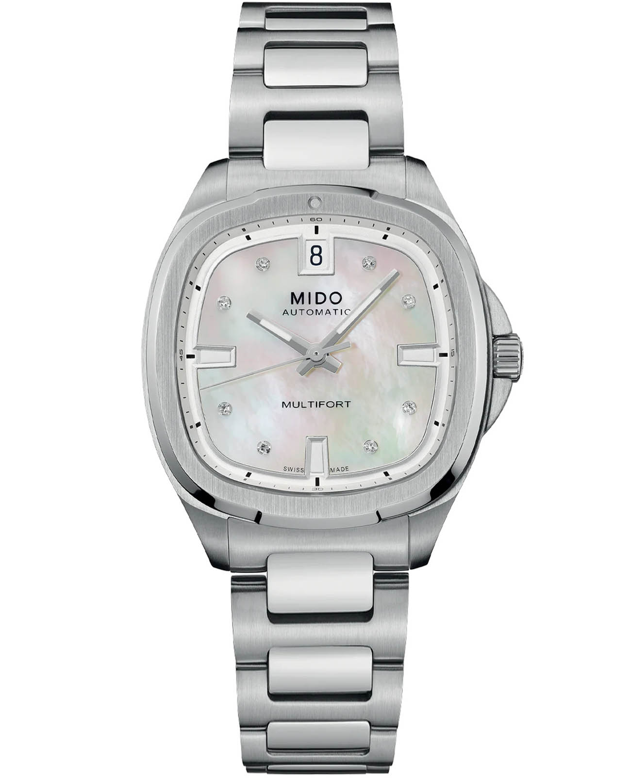 Mido Mido Multifort TV 35 M049.307.11.106.00  M0493071110600 механические женские часы белый циферблат, браслет нержавеющая сталь — вид спереди