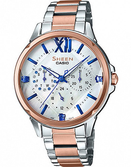 Casio Casio Sheen SHE-3056SPG-7AUER  SHE-3056SPG-7A кварцевые женские часы белый циферблат, браслет сталь с ip покрытием — вид спереди