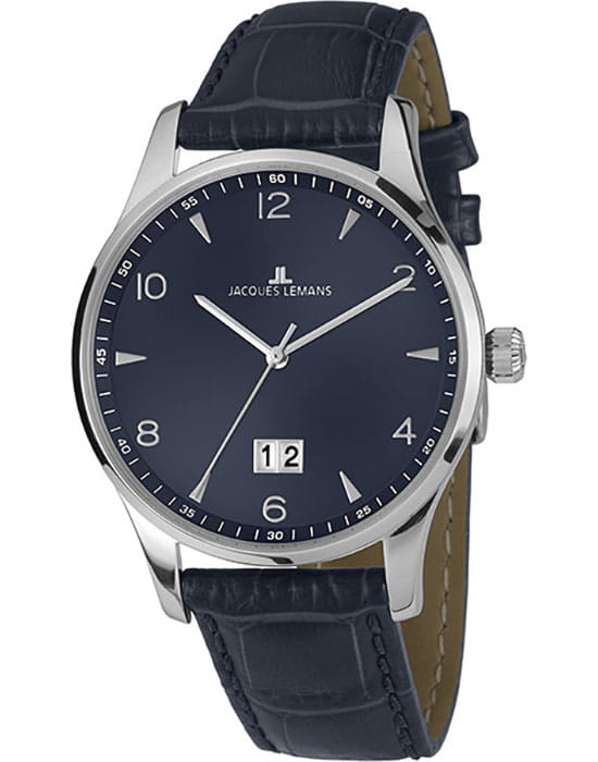 Jacques Lemans Jacques Lemans Classic 1-1862ZC  1-1862ZC кварцевые мужские часы синий циферблат, браслет кожаный — вид спереди