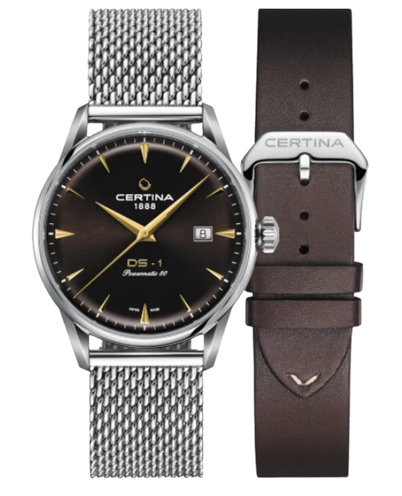 Certina Certina DS-1 Powermatic 80 C029.807.11.291.02 DS 1 C0298071129102 механические мужские часы коричневый циферблат, браслет нержавеющая сталь — вид спереди