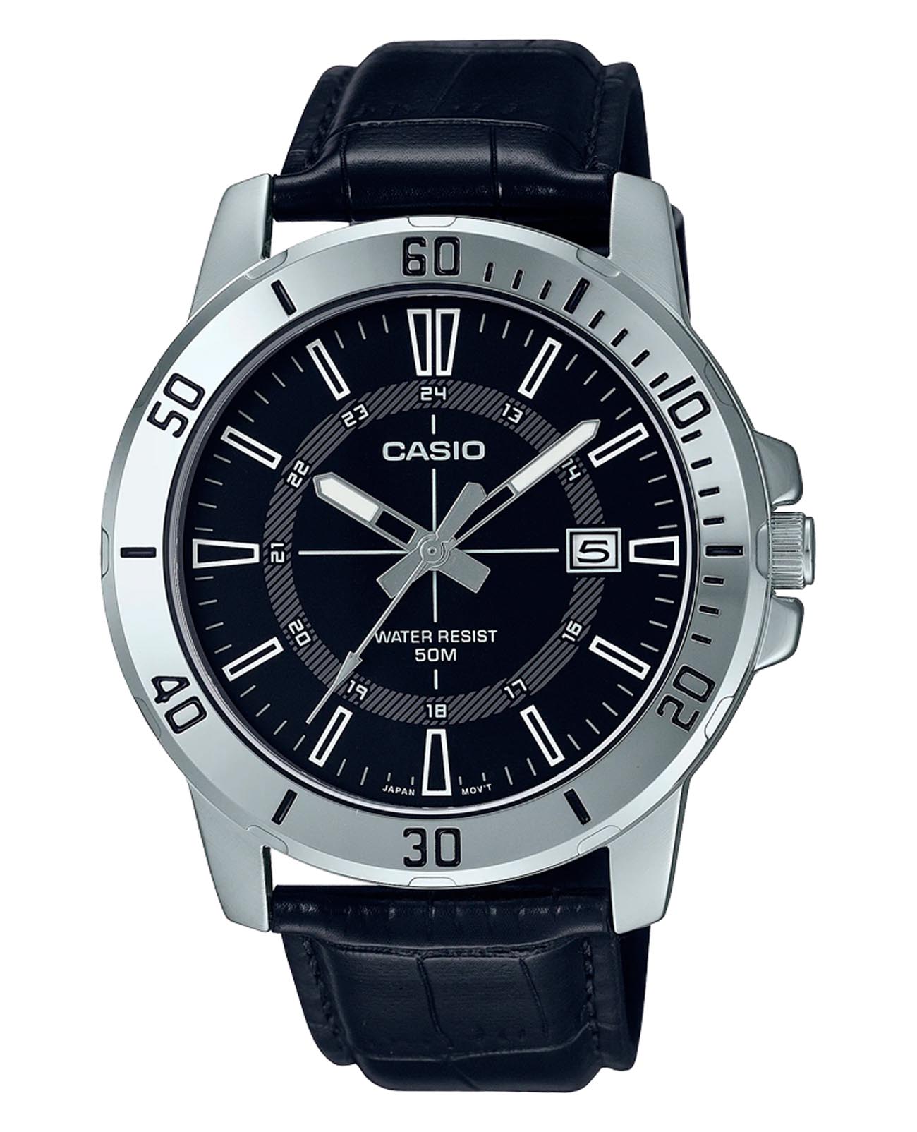 Casio Casio Collection MTP-VD01L-1CVUDF (MTP-VD01L-1C)  MTP-VD01L-1CVUDF кварцевые мужские часы черный циферблат, браслет кожаный — вид спереди