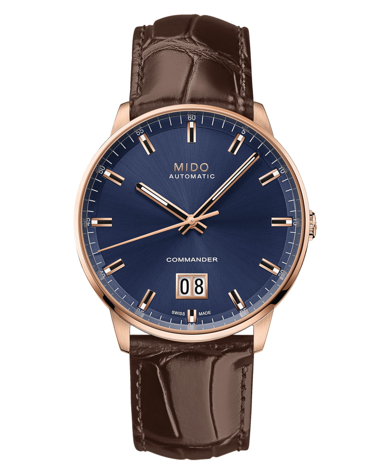 Mido Mido Commander Big Date M021.626.36.041.00  M0216263604100 механические мужские часы синий циферблат, браслет кожаный — вид спереди