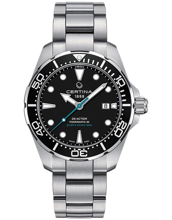 Certina Certina DS Action Diver Powermatic 80 C032.407.11.051.10 DS Action C0324071105110 механические мужские часы черный циферблат, браслет нержавеющая сталь — вид спереди