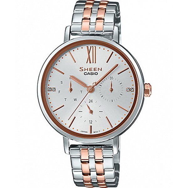 Casio Casio Sheen SHE-3064SPG-7AUER  SHE-3064SPG-7AUER кварцевые женские часы розовый циферблат, браслет сталь с ip покрытием — вид спереди