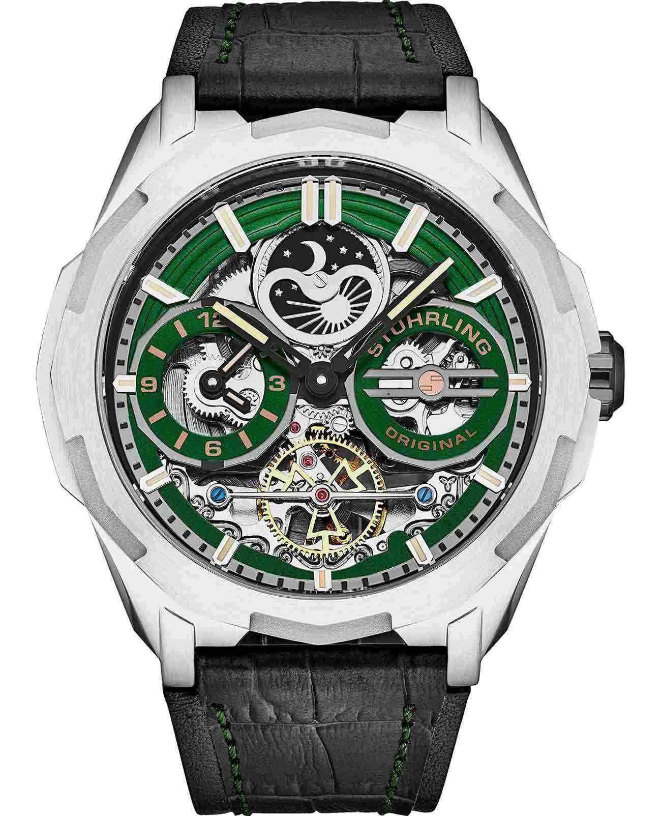 Stuhrling Stuhrling Navigator 1012.02  1012.02 механические мужские часы зеленый циферблат, браслет кожаный — вид спереди