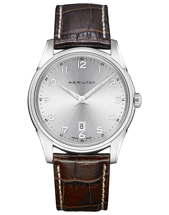 Hamilton Hamilton Jazzmaster Thinline Quartz H38511553  H38511553 кварцевые мужские часы серебристый циферблат, браслет кожаный — вид спереди