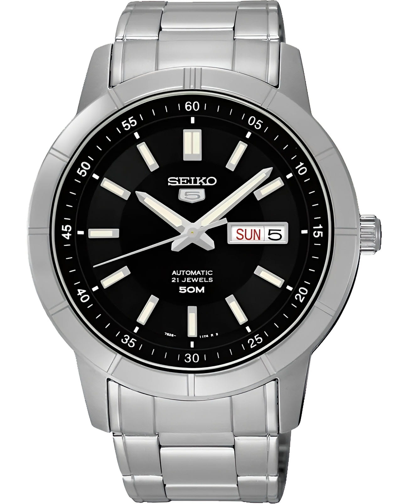 Seiko Seiko 5 Regular SNKN55J1  SNKN55J1 механические мужские часы черный циферблат, браслет нержавеющая сталь — вид спереди