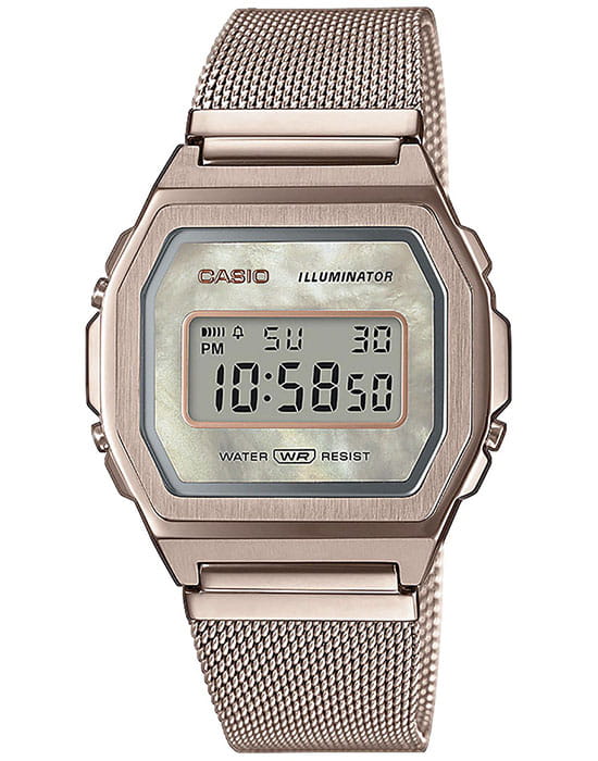 Casio Casio Collection A1000MCG-9 Retro A1000MCG-9EF электронные мужские часы серый циферблат, браслет сталь с ip покрытием — вид спереди