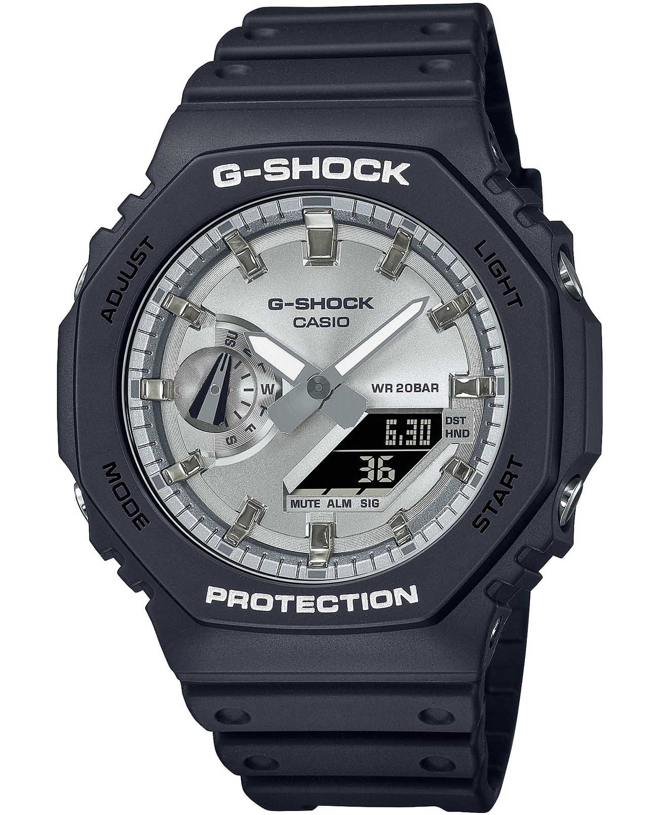 Casio Casio G-Shock GA-2100SB-1ADR (GA-2100SB-1AER) GA-2100 GA-2100SB-1AER электронные мужские часы серебристый циферблат, браслет пластик — вид спереди