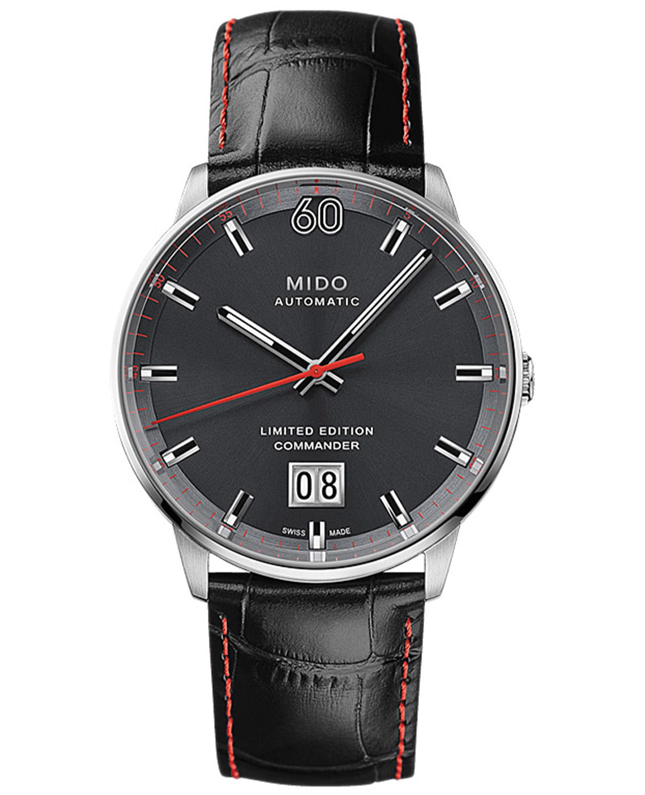 Mido Mido Commander Big Date 60th Anniversary Limited Edition M021.626.16.081.00  M0216261608100 механические мужские часы черный циферблат, браслет кожаный — вид спереди