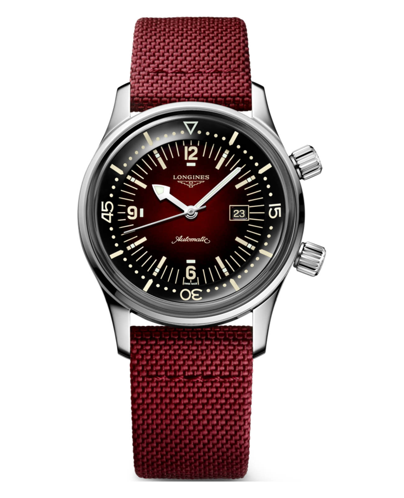 Longines Longines Legend Diver L3.374.4.40.2  L33744402 механические женские часы красный циферблат, браслет тканевый — вид спереди