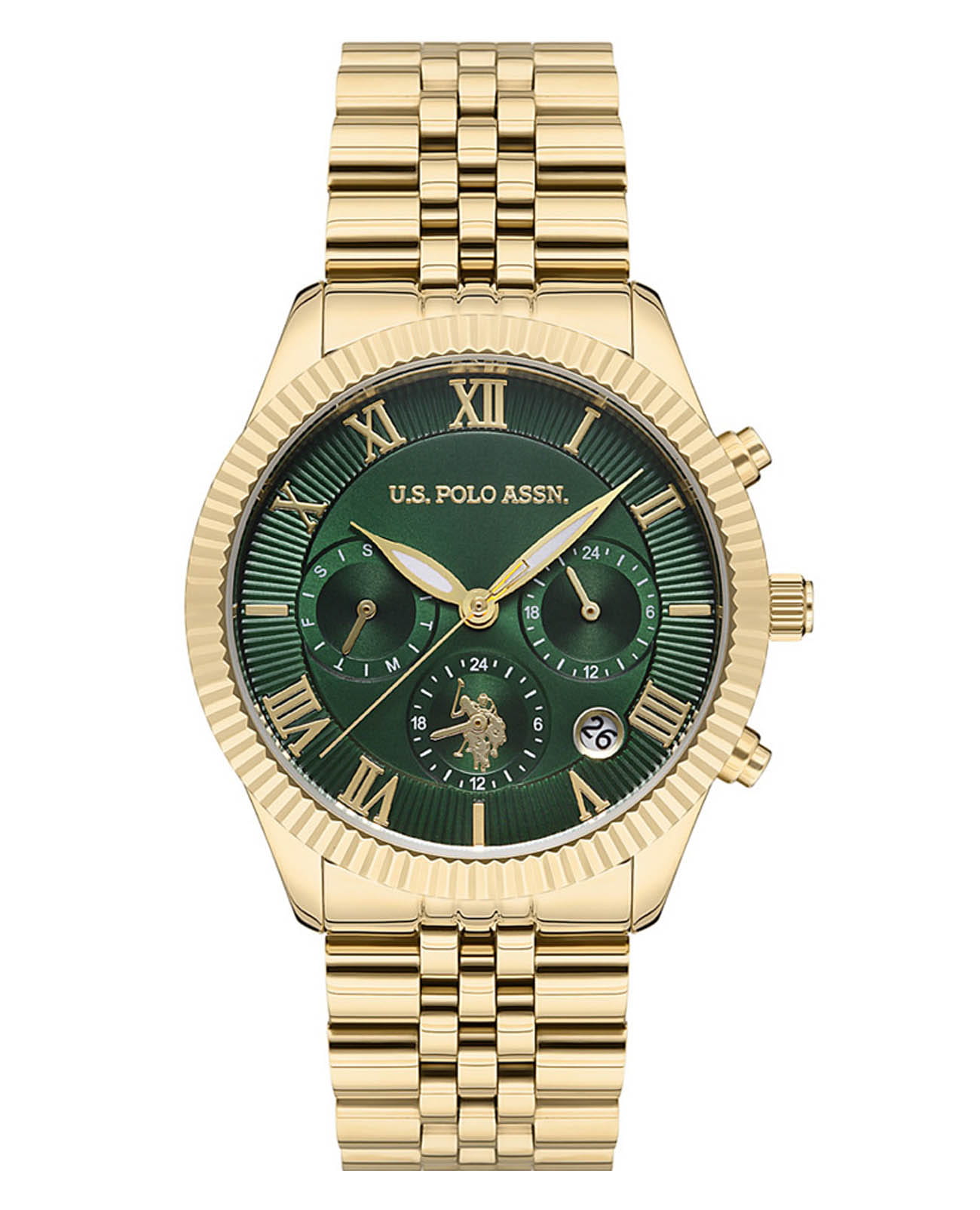 U.S. Polo Assn. U.S. Polo Assn. Crossing USPA2040-05  USPA2040-05 кварцевые женские часы зеленый циферблат, браслет нержавеющая сталь с ip-покрытием — вид спереди